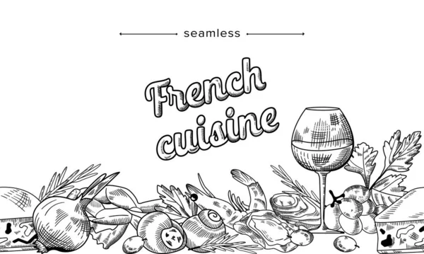フランス料理｜シームレスなモノクロームパターン。おいしい食事ワイン,エビとカタツムリとオリーブ,新鮮なハーブとチーズ — ストックベクタ