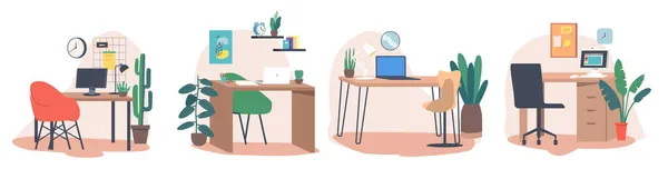 Set Workplace Interior, Empty Work Space of Business Character or Freelancer with Office Desk, Computer, Laptop — стоковий вектор