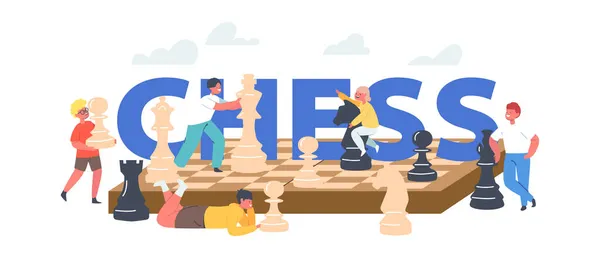 Kids Playing Chess Concept. Enfants avec des figures énormes sur l'échiquier jouissant d'activités logiques et de tournois de jeu — Image vectorielle