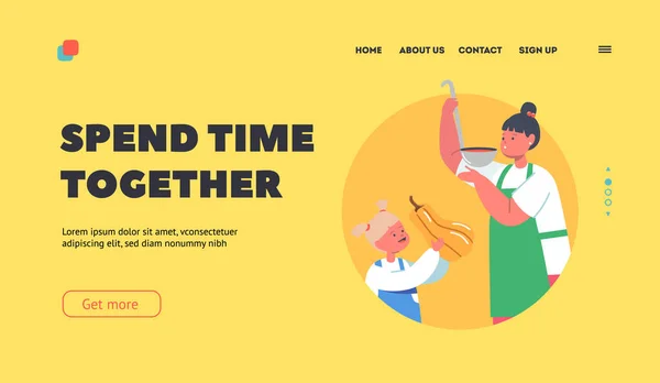 Passe tempo juntos modelo de landing page. Personagens da família das crianças felizes que cozinham na cozinha home. Crianças ajudam os pais — Vetor de Stock