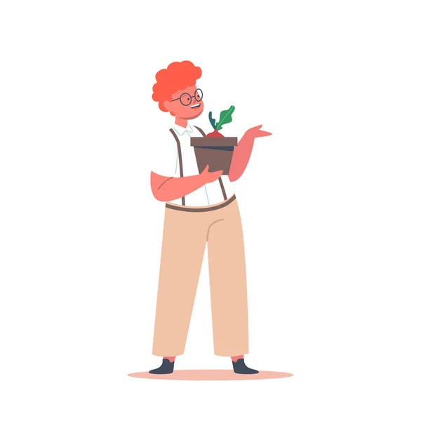 Aranyos kisfiú zöld növény Pot elszigetelt fehér háttér. Vicces egyszemélyes férfi gyermek karakter Hold Flowerpot — Stock Vector
