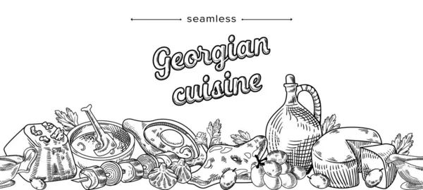 Cocina georgiana Cocina Doodle Patrón sin costuras con comidas delicadas. Platos Tradicionales de Georgia, Carne, Vino en Jarra — Vector de stock