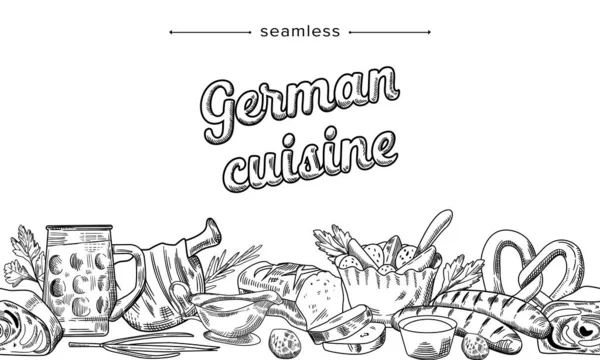 Cozinha alemã Doodle Padrão sem costura com cerveja, salsichas, Pretzel e carne com Delicado de Pão Alemanha Refeições —  Vetores de Stock