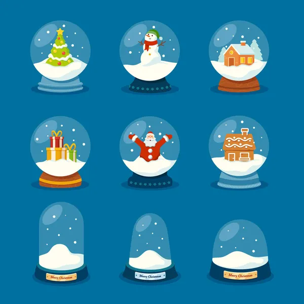 Список викопних птахів Set of Glass Snow Globes, Christmas Souvenirs, Winter Snowballs, Magic Xmas Crystal Orbs Empty Domes, Snowman, Santa — стоковий вектор