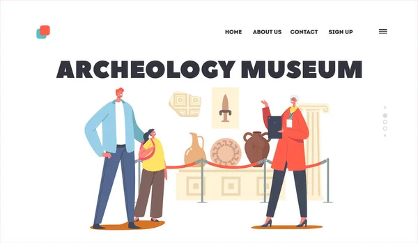 父亲带着女儿参观考古博物馆登陆页面模板。观摩旧陶器、盔甲的游客 — 图库矢量图片
