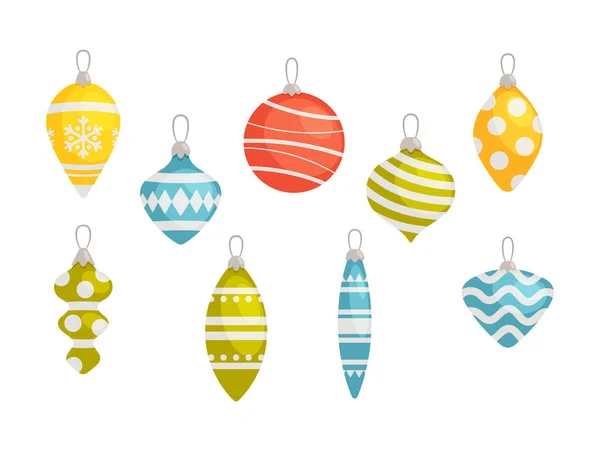 Ensemble de boules de décoration d'arbre de Noël et de glaçons colorés, jouets en verre festifs mignons isolés sur fond blanc. — Image vectorielle