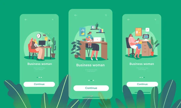 Business Woman Mobil Uygulama Sayfası Ekran Şablonu. Anne, Küçük Çocukla İş yerinde Evden Çalışıyor — Stok Vektör