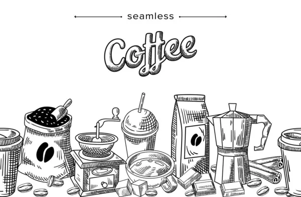 Seamless Doodle Pattern Coffee Supplies Package, Sack with Beans, Disposable Plastic Cups and Coffee Grinder, Sugar — Stock Vector