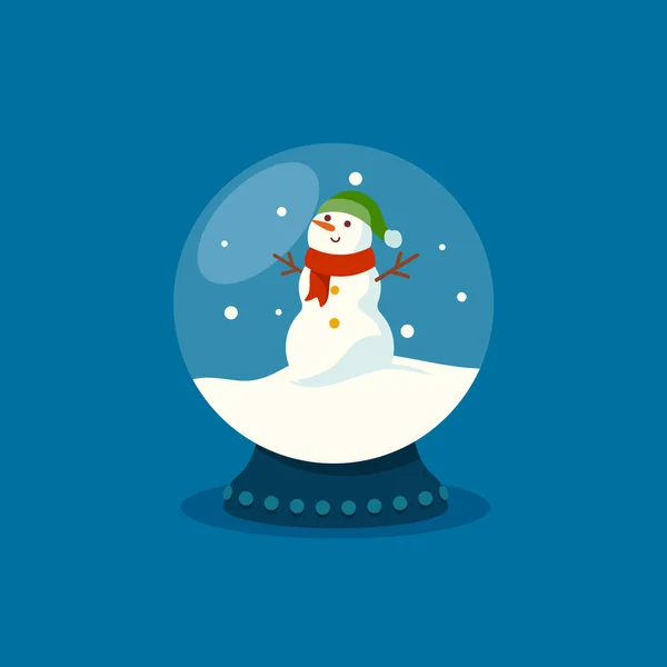 Globo de nieve de vidrio con muñeco de nieve divertido y nieve cayendo dentro, recuerdo de Navidad aislado sobre fondo azul — Vector de stock