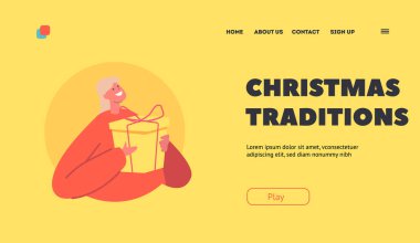 Noel gelenekleri İniş Sayfası Şablonu. Hediye kutusu olan Mutlu Kız, Kış Tatilleri için Kadın Karakteri