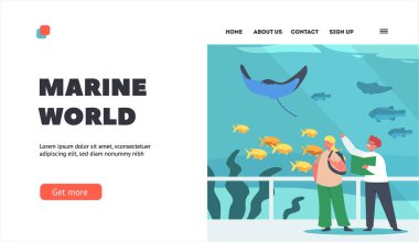 Denizci Dünyası İniş Şablonu. Oceanarium 'da Okul Çocukları Karakterleri Su altı Hayvanlarını Öğrenme, Akvaryum