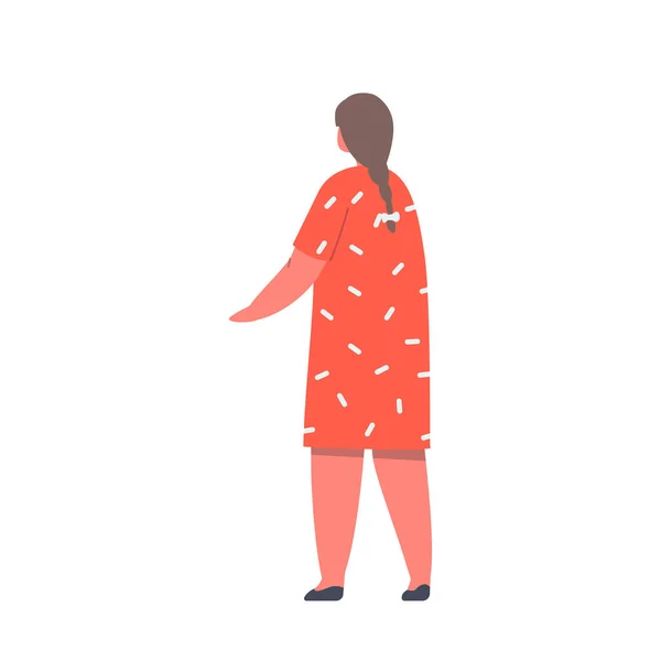 Liten flicka i röd klänning och Pigtail frisyr Bakifrån. Barn i moderiktiga kläder isolerad på vit bakgrund — Stock vektor