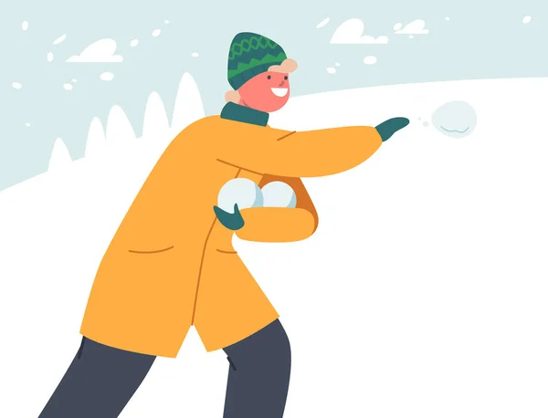 Espectáculo activo al aire libre, actividad de vacaciones de Navidad, vacaciones de temporada de invierno. Pequeño niño jugando bolas de nieve — Archivo Imágenes Vectoriales
