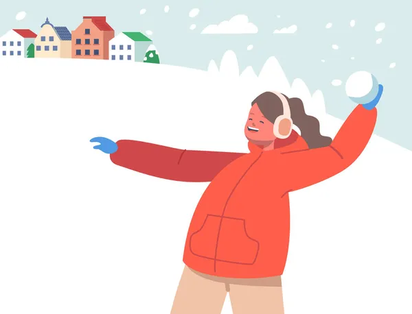 Ευτυχισμένο χαρούμενο κορίτσι που παίζει χιονόμπαλες στο φόντο του λευκού χιονισμένου τοπίου. Παιδικός χαρακτήρας Χειμώνας Ενεργός ελεύθερος χρόνος — Διανυσματικό Αρχείο