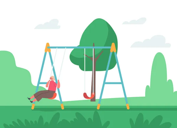 Šťastné dítě se baví na houpačce. Dětská postava hraje na dvorku nebo městském parku hřiště, školka nebo dětská zóna — Stockový vektor