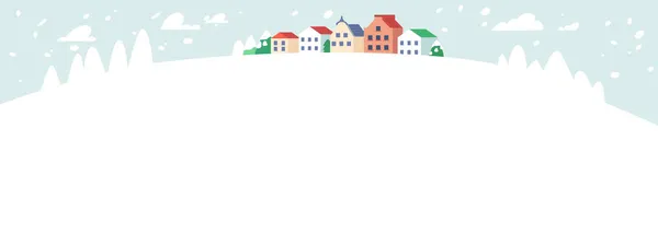 Winterliche Naturlandschaft mit vorstädtischen Hütten und fallendem Schnee. Straße im Vorort-Viertel mit Wohnhäusern — Stockvektor