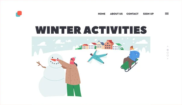 Modèle de page d'atterrissage des activités hivernales. Enfants heureux dans des vêtements chauds faisant bonhomme de neige, glissant et faisant l'ange dans la neige — Image vectorielle
