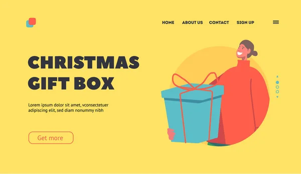 Christmas Gift Box Landing Page Szablon. Szczęśliwa kobieta z teraźniejszością owinięta łukiem. Niespodzianka dla rodziny i przyjaciół — Wektor stockowy