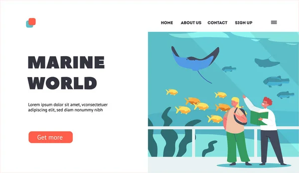 Marine World Landing Page Sablon. School Kids karakterek Oceanarium tanulás víz alatti állatok, Akvárium — Stock Vector