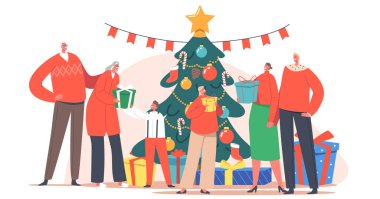 Büyük mutlu aile babaları, büyük ebeveynler ve çocuklar Noel ağacının yakınındaki evde kutlama yapıyorlar, insanlar hediyelerini değiştiriyorlar.