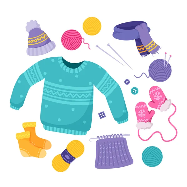 Kötött téli ruházat és ruházat készlet Woolen jumper, sál, kalap, kesztyű és zokni fonallal és tűvel — Stock Vector