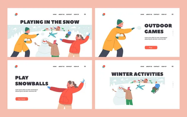 Bambini che godono di neve divertimento e vacanze invernali Landing Page Template Set. Personaggi dei bambini che fanno pupazzo di neve, palle di neve — Vettoriale Stock