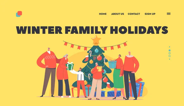 Χειμερινές οικογενειακές διακοπές Προσγείωση Πρότυπο σελίδας. Μεγάλη ευτυχισμένη οικογενειακή γιορτή, γονείς, παππούδες και παιδιά γιορτάζουν την παραμονή — Διανυσματικό Αρχείο