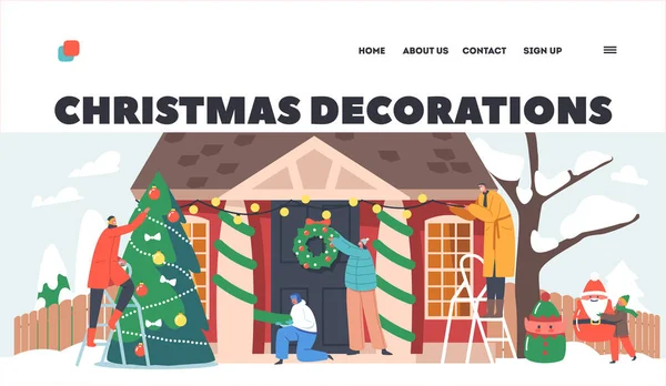 Happy Family Dekorieren Haus für Weihnachten Landing Page Template. Eltern und Kinder hängen festlichen Kranz an Haustür — Stockvektor