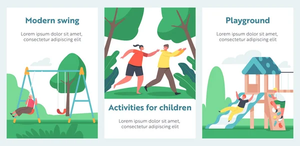 Happy Children Spelen Cartoon Posters, Jongens en Meisjes Plezier op Speelplaats. Karakters Run, Klimmen en schommelen, Kids Games — Stockvector