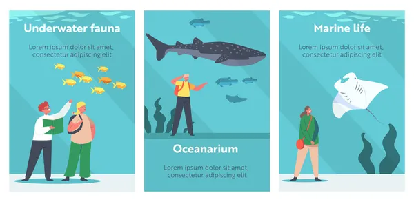 Children in Oceanarium Carteles de dibujos animados. Pequeños Personajes Aprenden Flora y Fauna Marina, Animales Submarinos y Marinos — Archivo Imágenes Vectoriales