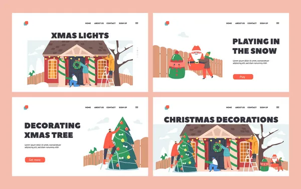 성탄절 이브 페이지 템플릿 (Template Set) 을 위한 패밀리 디스토션 하우스. 부모와 자녀 가집 의문 앞에서 두려움에 떨고 있는 모습 — 스톡 벡터