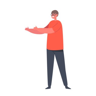 Mutlu Çocuk Gözlük, Kırmızı Tişört ve Siyah Pantolon Giyiyor. Gülümseyen Çocuk Karakteri. Mutlu Duygular, Çocuk Olumlu