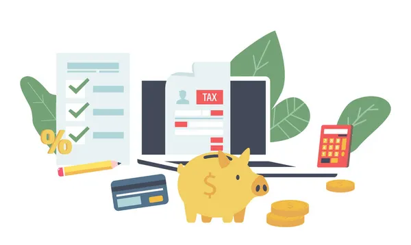 Płatności podatkowe przez Internet, Online Government Service Financial Concept. Laptop, Formularz podatkowy, Piggy Bank, Kalkulator lub Monety — Wektor stockowy