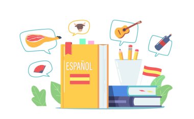 İspanyolca, Espanol Yabancı Dil Konsepti 'ni ders kitapları ve kırtasiyeyle öğrenmek. Kurslar, Dersler, Webinar, Eğitim