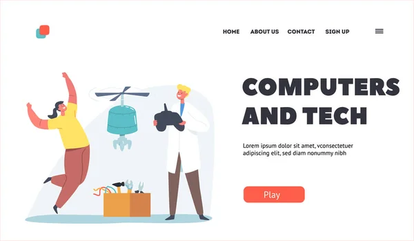 Computadores e Tech Landing Page Template. Crianças criam invenção. Classe de Robótica Escolar. Crianças com Controle Remoto —  Vetores de Stock