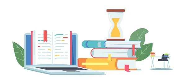 Концепція підготовки до іспиту з відкритим підручником, Hourglass Stand on Book Pile та студентським столом. Інтер'єр класу — стоковий вектор
