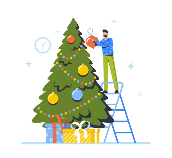 Happy Character Dekorasi Pohon Natal. Man Stand on Ladder Put Ball on Branch Siapkan Tahun Baru atau Natal - Stok Vektor