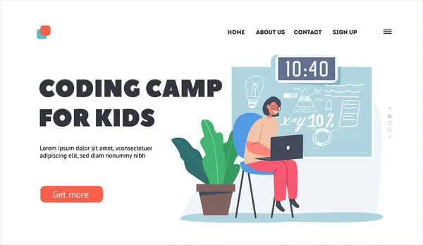 Coding Camp for Kids Landing Page Template. Malá dívka s notebookem v blízkosti tabule se vzorci, výchova dětí — Stockový vektor