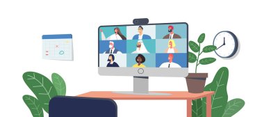 Zoom Telekonferansı, Zoom üzerinden iş arkadaşlarıyla İşçi Webcam Grubu. Bilgisayardaki İş Karakterleri. Çevrimiçi Brifing