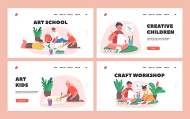 Sanat Okulu İniş Sayfa Şablonu Ayarlandı. Resim yapan çocuklar, boyalı kalemle kağıt çizen kızlar ve oğlanlar.