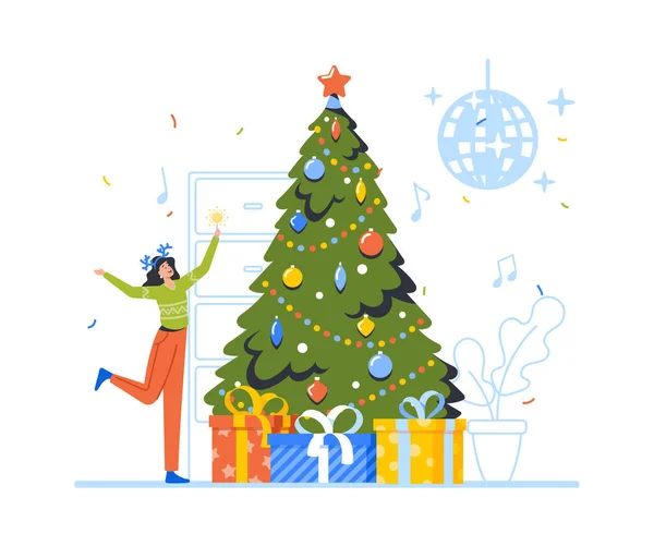 Καλά Χριστούγεννα και Ευτυχισμένο το Νέο Έτος Εορτασμός στο γραφείο ή το Club. Χαρούμενη γυναίκα με κέρατα ελαφιού καπέλο Γιορτάστε τα Χριστούγεννα κόμμα — Διανυσματικό Αρχείο