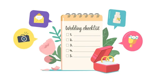 Felkészülés a házasság koncepció esküvői ellenőrző lista, doboz eljegyzési gyűrűk és virágok. Rendezvényszervezés, terv — Stock Vector