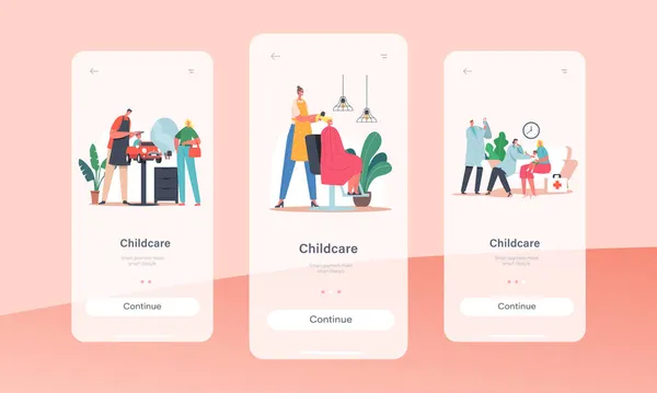 Friseursalon und Medizin Childcare Mobile App Seite Onboard Screen Template. Friseurmeister schneiden und Frisur machen — Stockvektor