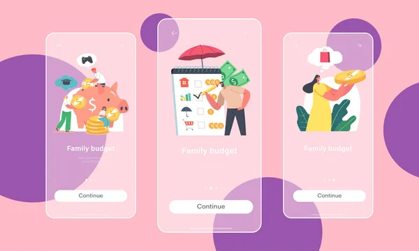 Planejamento de orçamento familiar Mobile App Page Onboard Screen Template. As pessoas ganham e economizam dinheiro, os personagens coletam moedas — Vetor de Stock