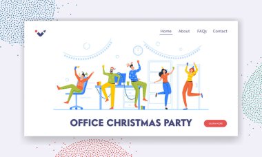 Ofis Noel Partisi İniş Sayfa Şablonu. Şirket Xmas 'ı, Neşeli Yöneticiler Meslektaşları Tatili Kutlayan Karakterler