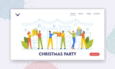 Noel Partisi İniş Sayfası Şablonu. İş adamları birbirlerine hediyeler verir. Arkadaş Verme ve Alma Sunumları