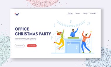 Ofis Noel Partisi İniş Sayfa Şablonu. Xmas Kutlaması, Mutlu İş İnsanları Yeni Yıl Şirketi ve DJ