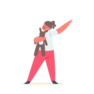 Küçük Kız Karakteri, Beyaz Arkaplanda Yumuşak Oyuncak Oynuyor ve Gülümsüyor. Çocuk Mutluluğu ve Özgürlük