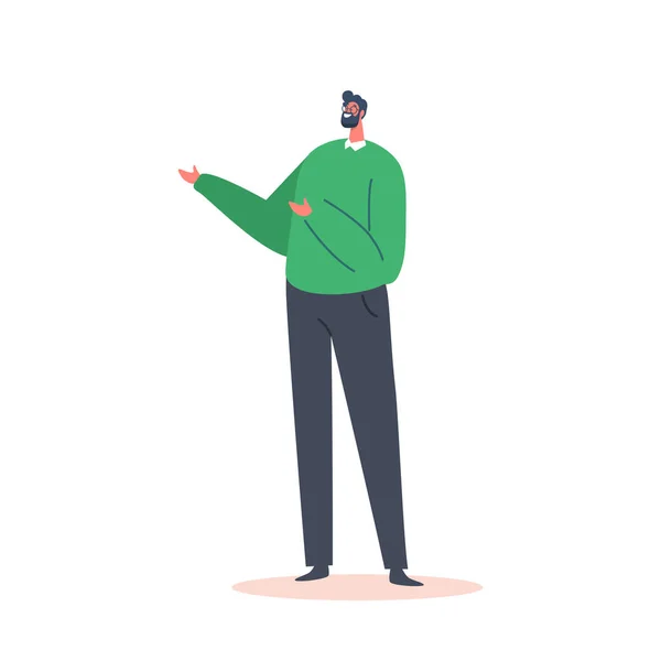 Único Personagem Masculino Use Camisola de Inverno Verde e Calças Pretas Isoladas em Fundo Branco. Homem de moda positiva —  Vetores de Stock