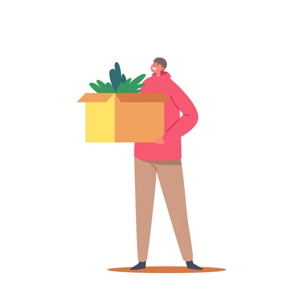 Персонаж мальчика держит в руках картонную коробку с декором для новогодних праздников и домашнего убранства. Зимние праздники, Рождество — стоковый вектор